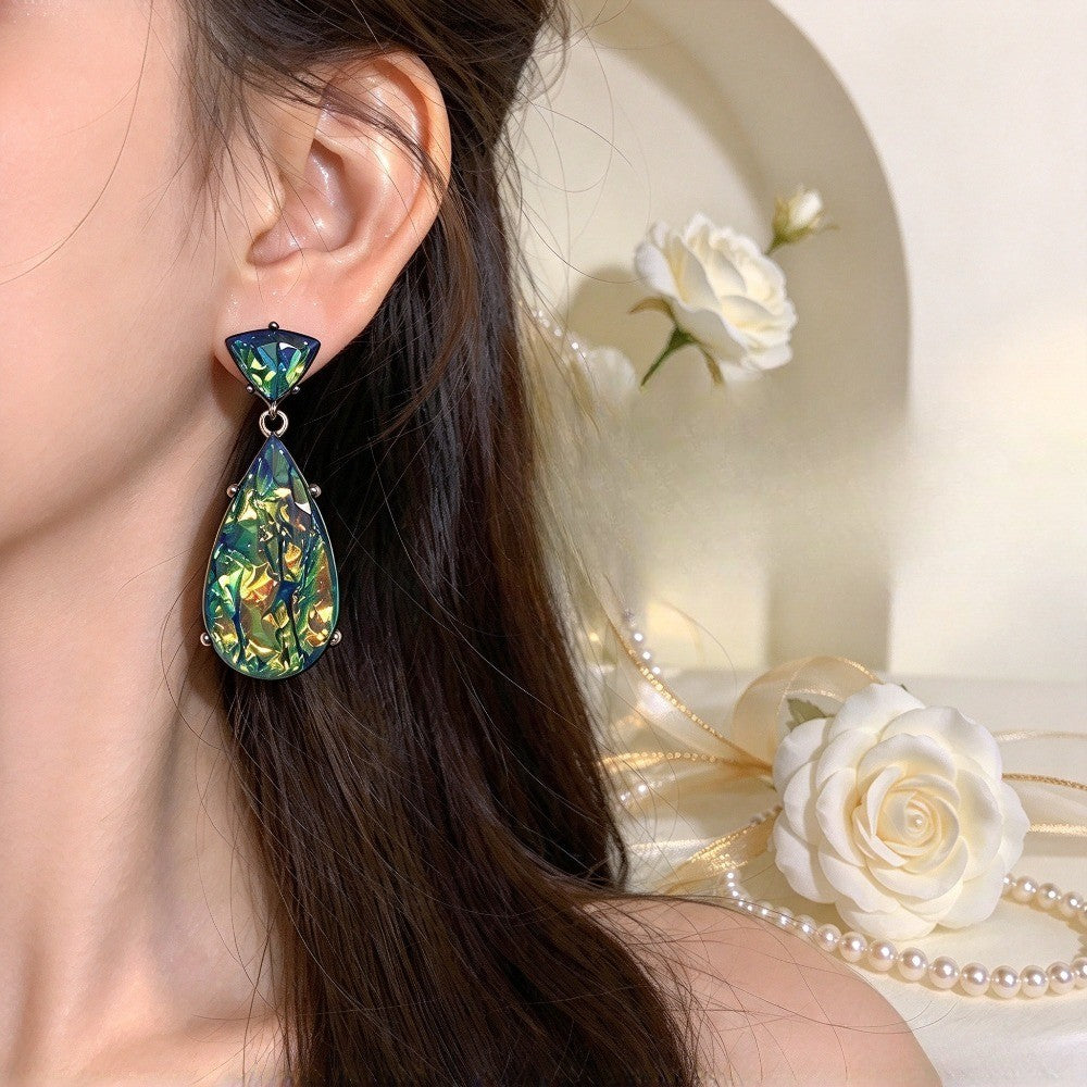 Elegant Iridescent Green Resin Teardrop Earrings