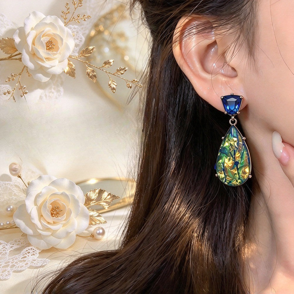 Elegant Iridescent Green Resin Teardrop Earrings