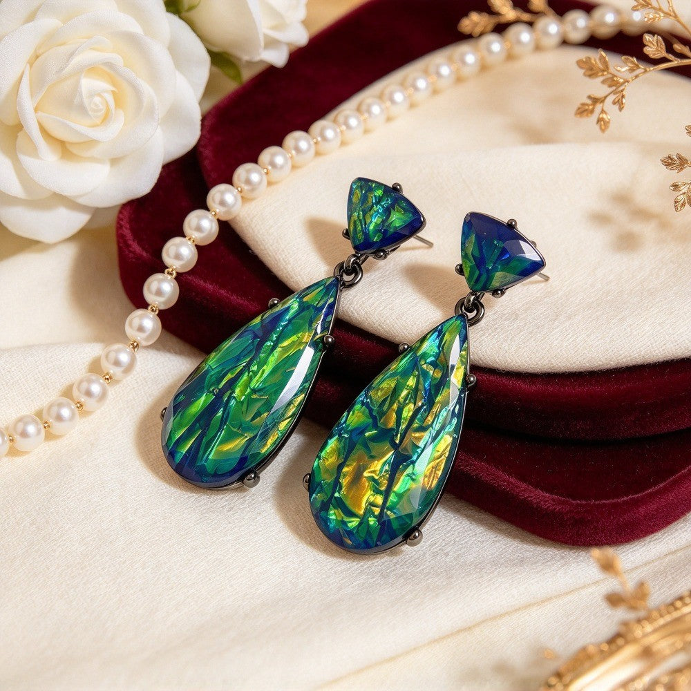 Elegant Iridescent Green Resin Teardrop Earrings