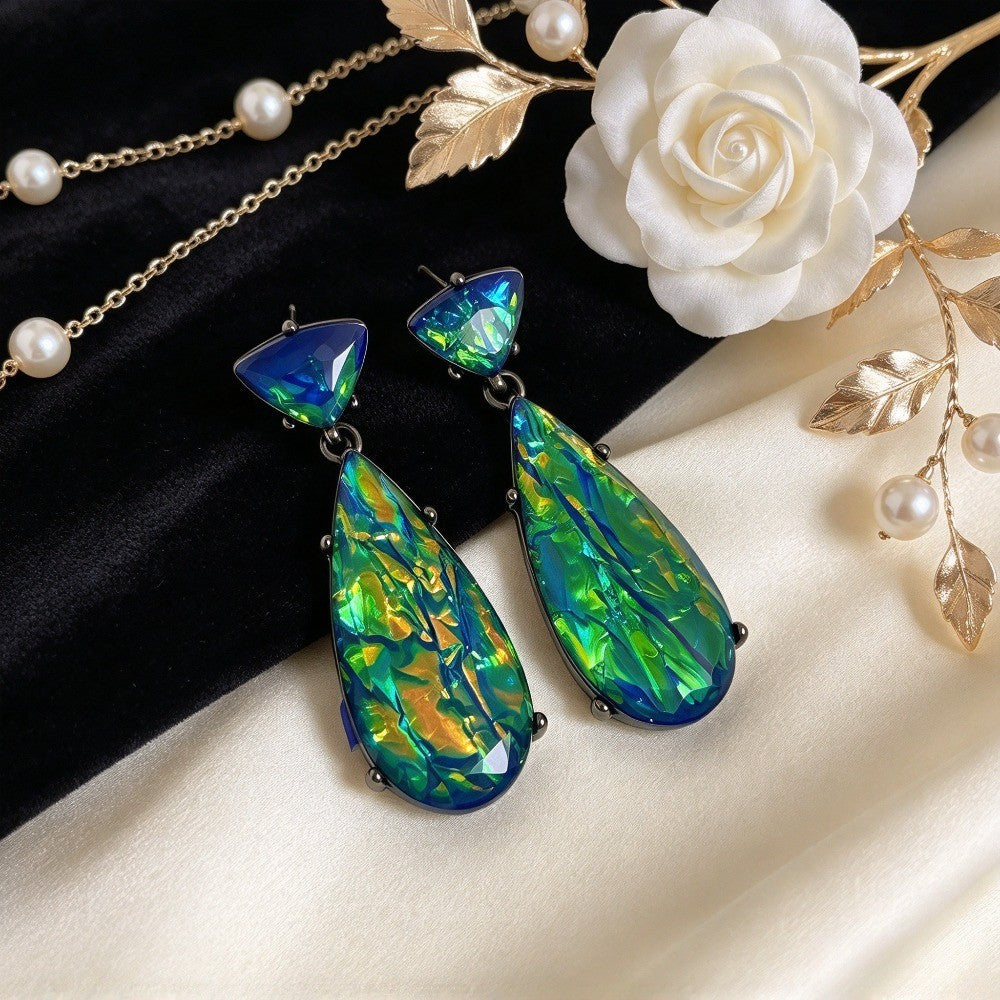 Elegant Iridescent Green Resin Teardrop Earrings