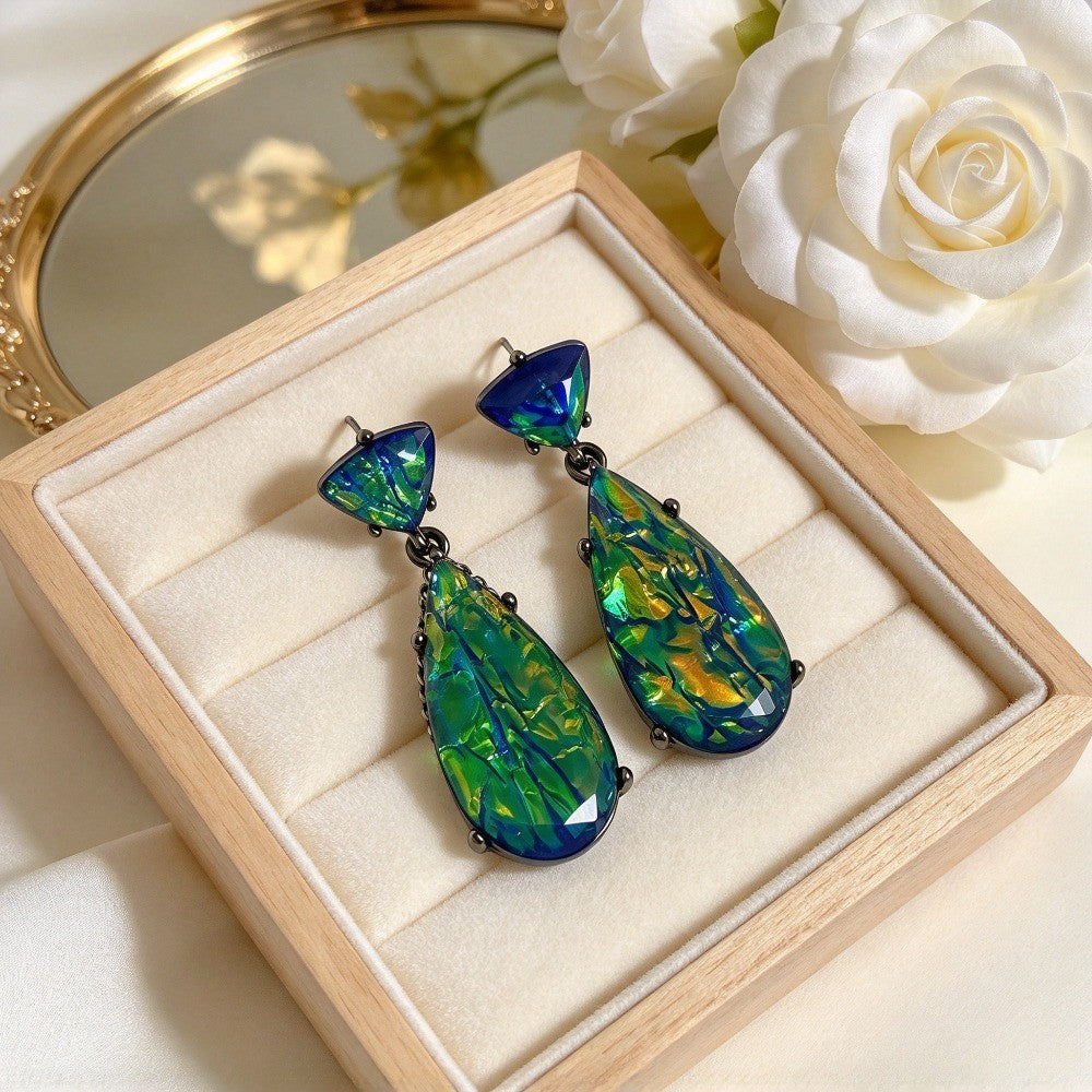 Elegant Iridescent Green Resin Teardrop Earrings