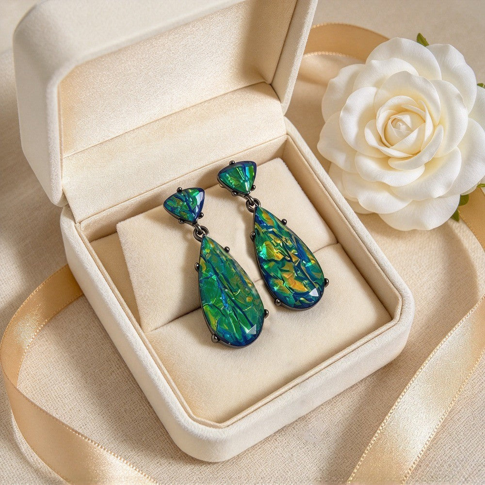 Elegant Iridescent Green Resin Teardrop Earrings