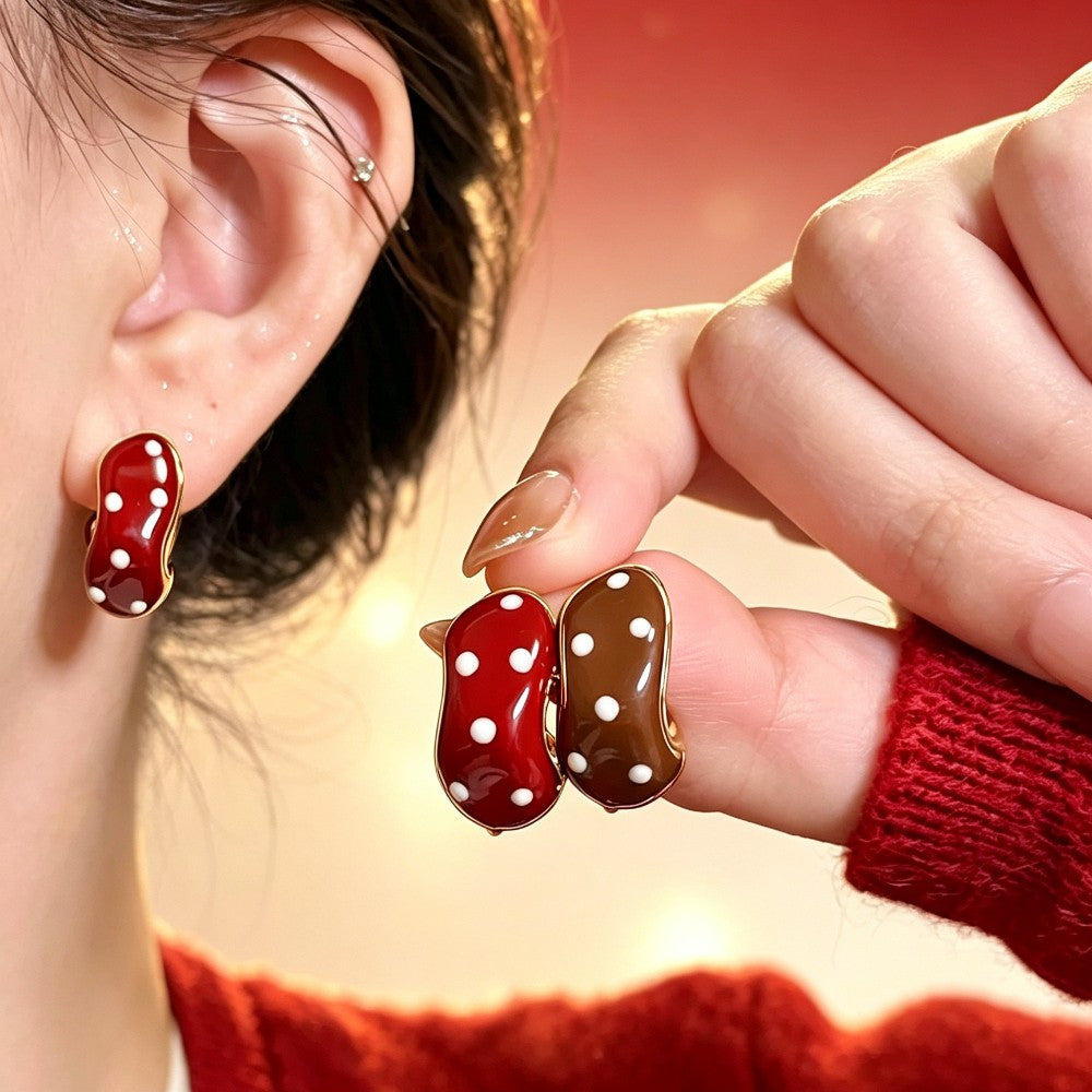 Classy Red Polka Dot Bean Earrings