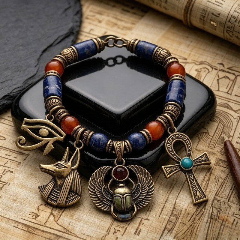 Vintage Egyptian Charm Beaded Bracelet