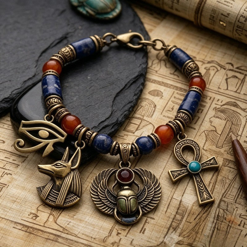 Vintage Egyptian Charm Beaded Bracelet