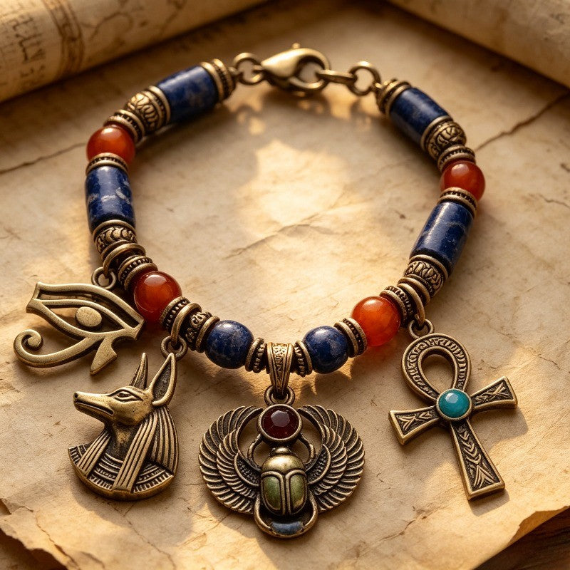 Vintage Egyptian Charm Beaded Bracelet