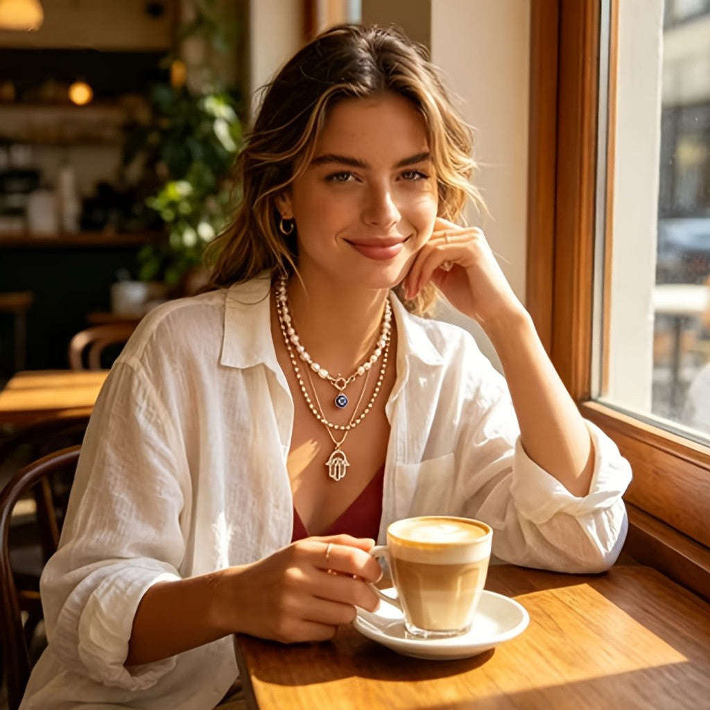 Dainty Layered Pearl Hamsa Necklace