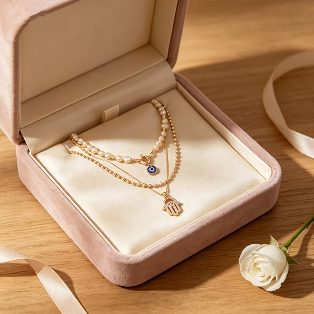 Dainty Layered Pearl Hamsa Necklace