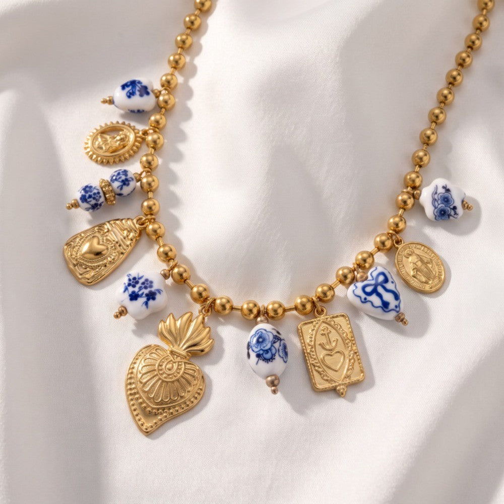 Boho Blue Floral Coin Charm Necklace
