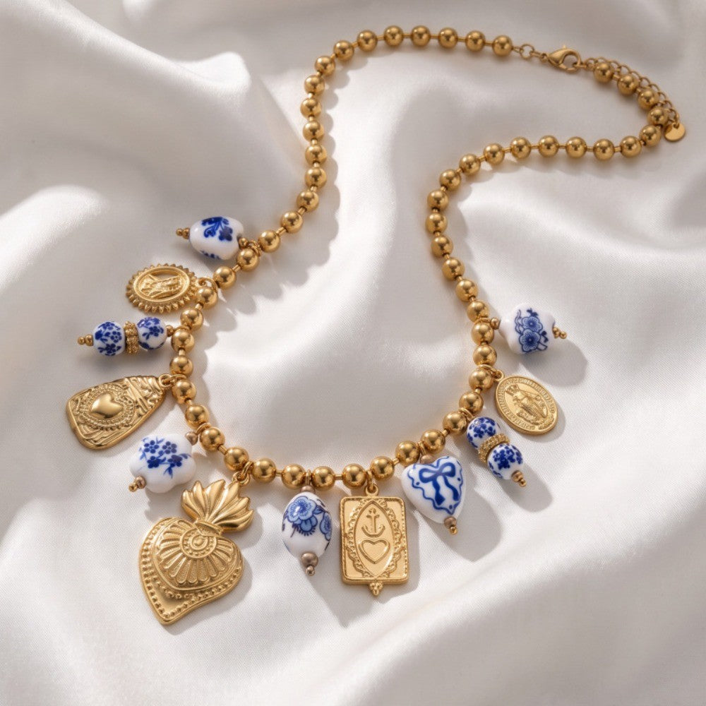 Boho Blue Floral Coin Charm Necklace