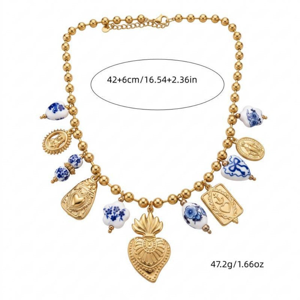 Boho Blue Floral Coin Charm Necklace