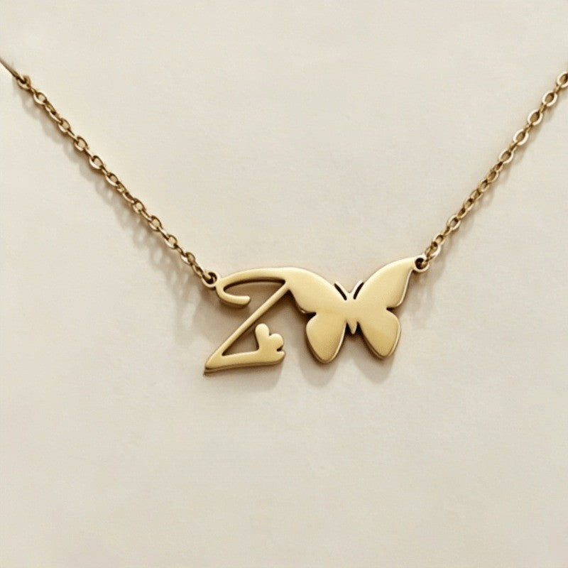 18k Dainty Butterfly Initial Necklace