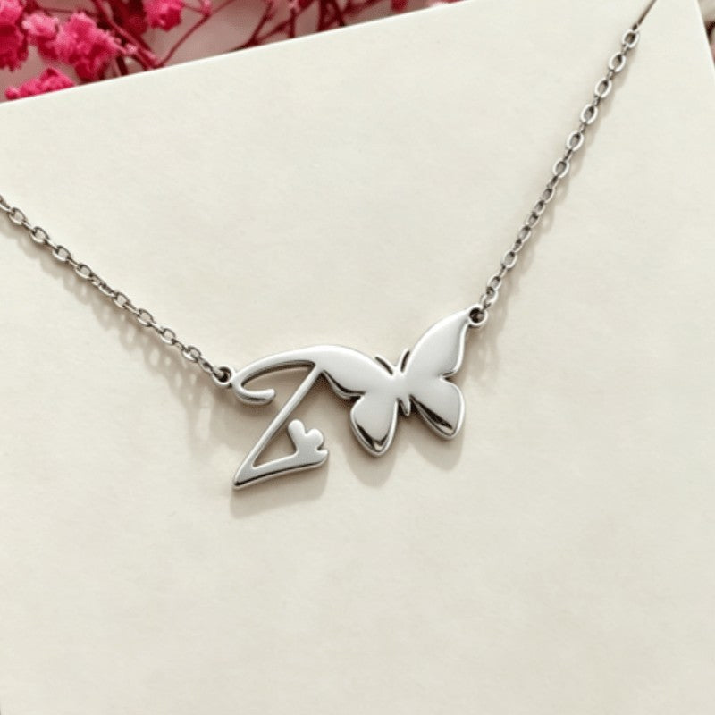 18k Dainty Butterfly Initial Necklace