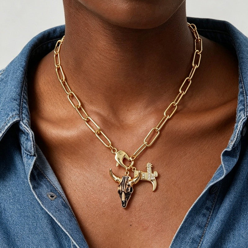 18k Boho Western Bull Skull Necklace