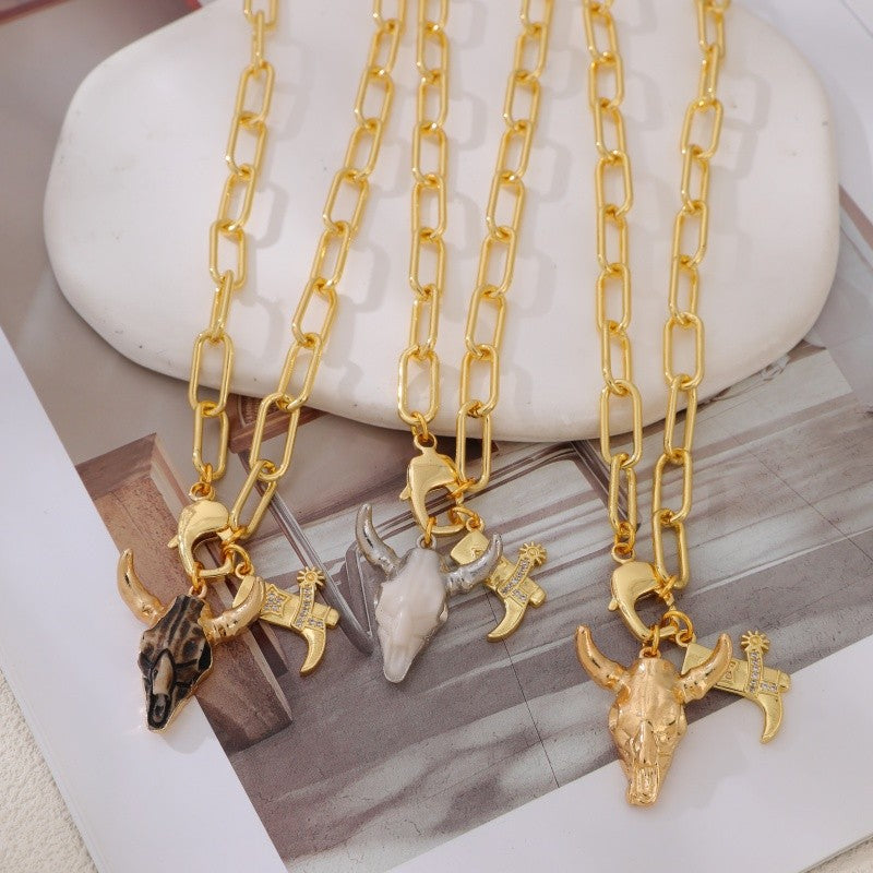 18k Boho Western Bull Skull Necklace