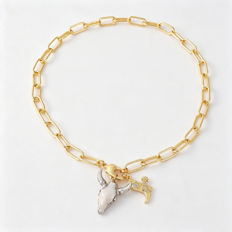18k Boho Western Bull Skull Necklace