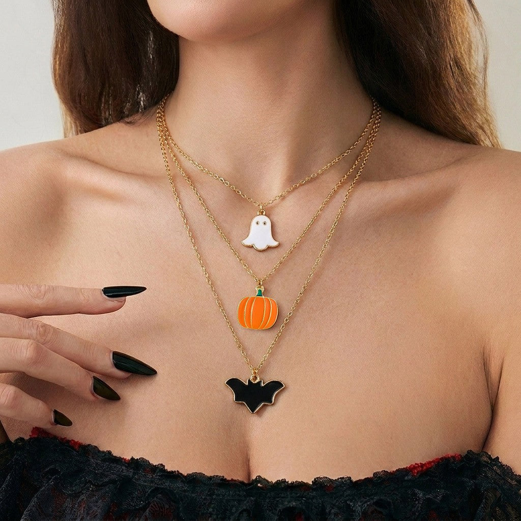 3pc Dainty Halloween Ghost Pumpkin Bat Necklace Set