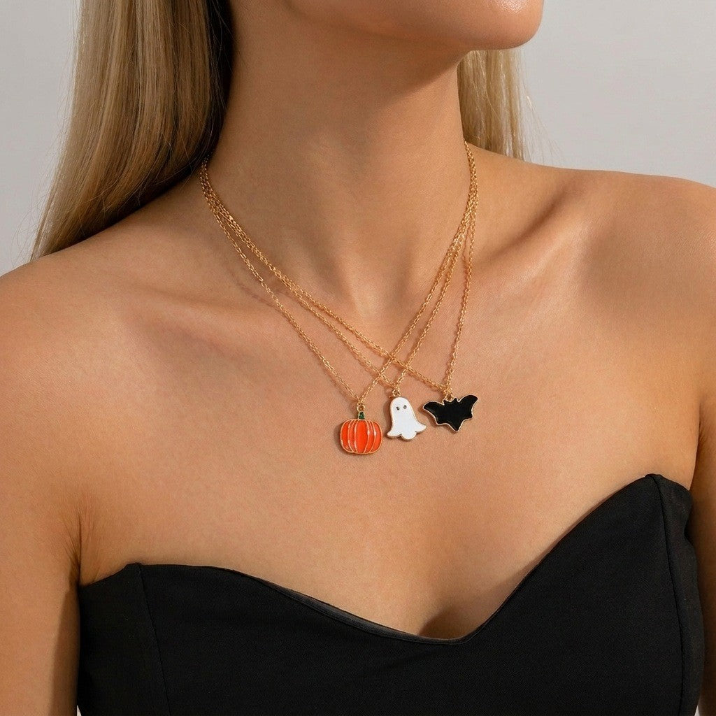 3pc Dainty Halloween Ghost Pumpkin Bat Necklace Set