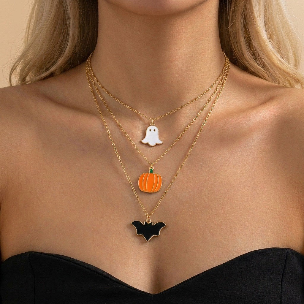 3pc Dainty Halloween Ghost Pumpkin Bat Necklace Set