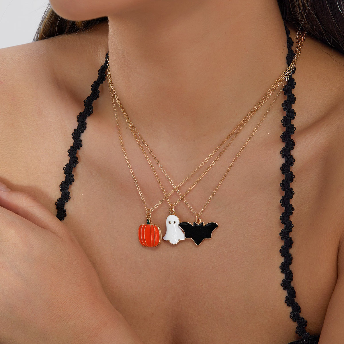3pc Dainty Halloween Ghost Pumpkin Bat Necklace Set