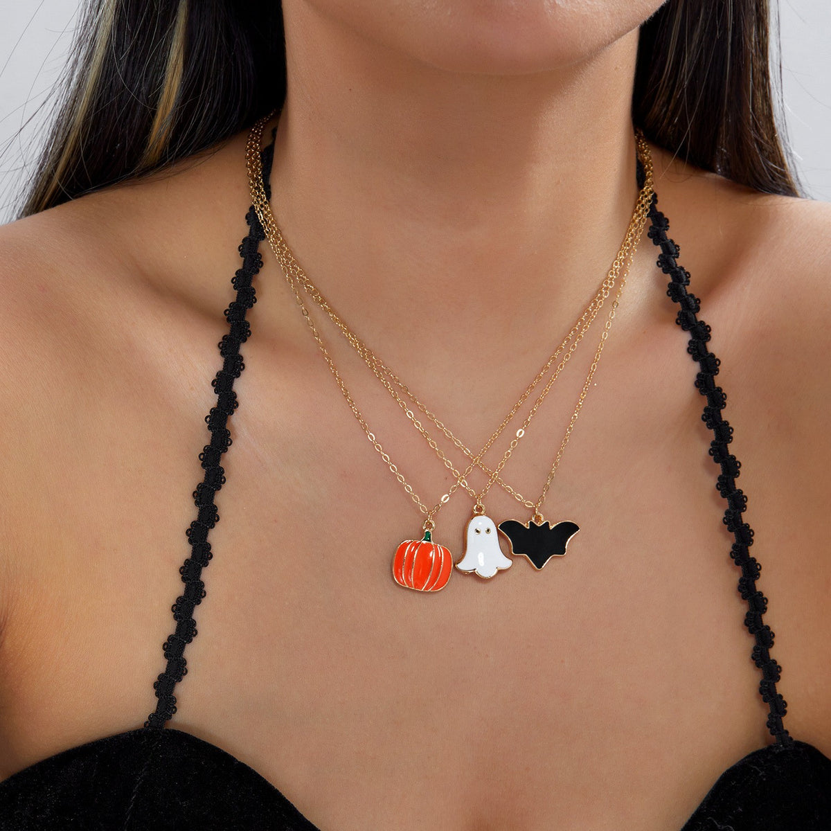 3pc Dainty Halloween Ghost Pumpkin Bat Necklace Set