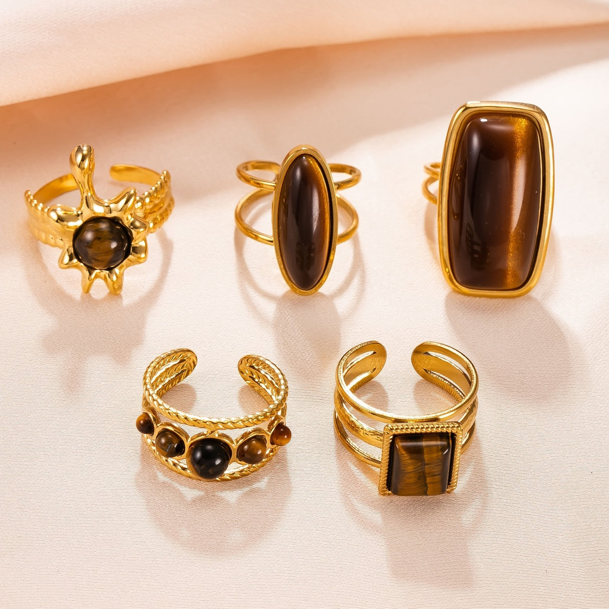 18k Boho Tiger Eye Geometric Ring Set