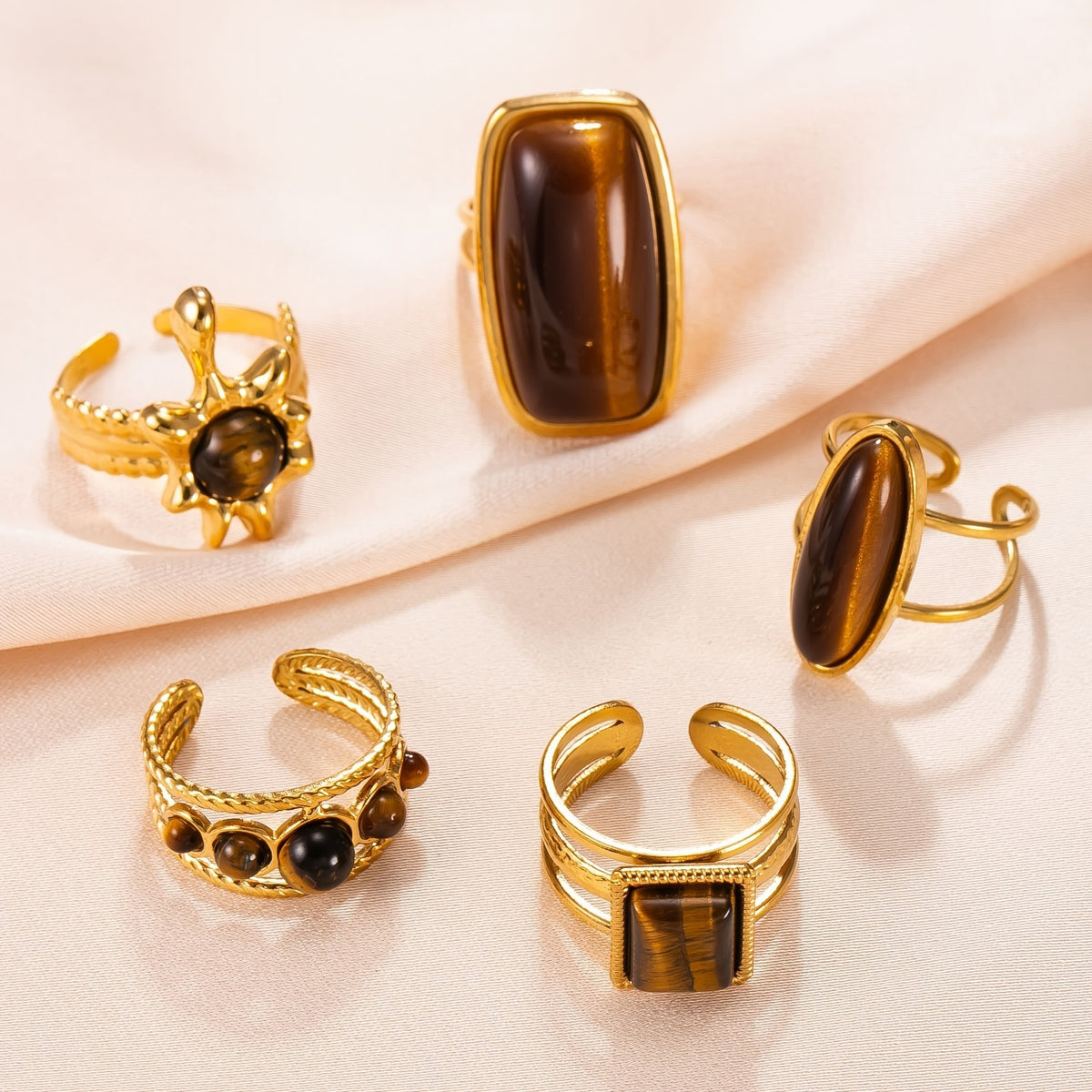 18k Boho Tiger Eye Geometric Ring Set