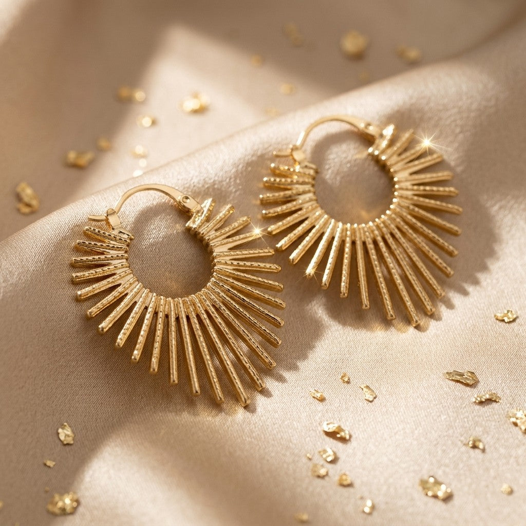 14k Elegant Sunburst Ray Hoop Earrings
