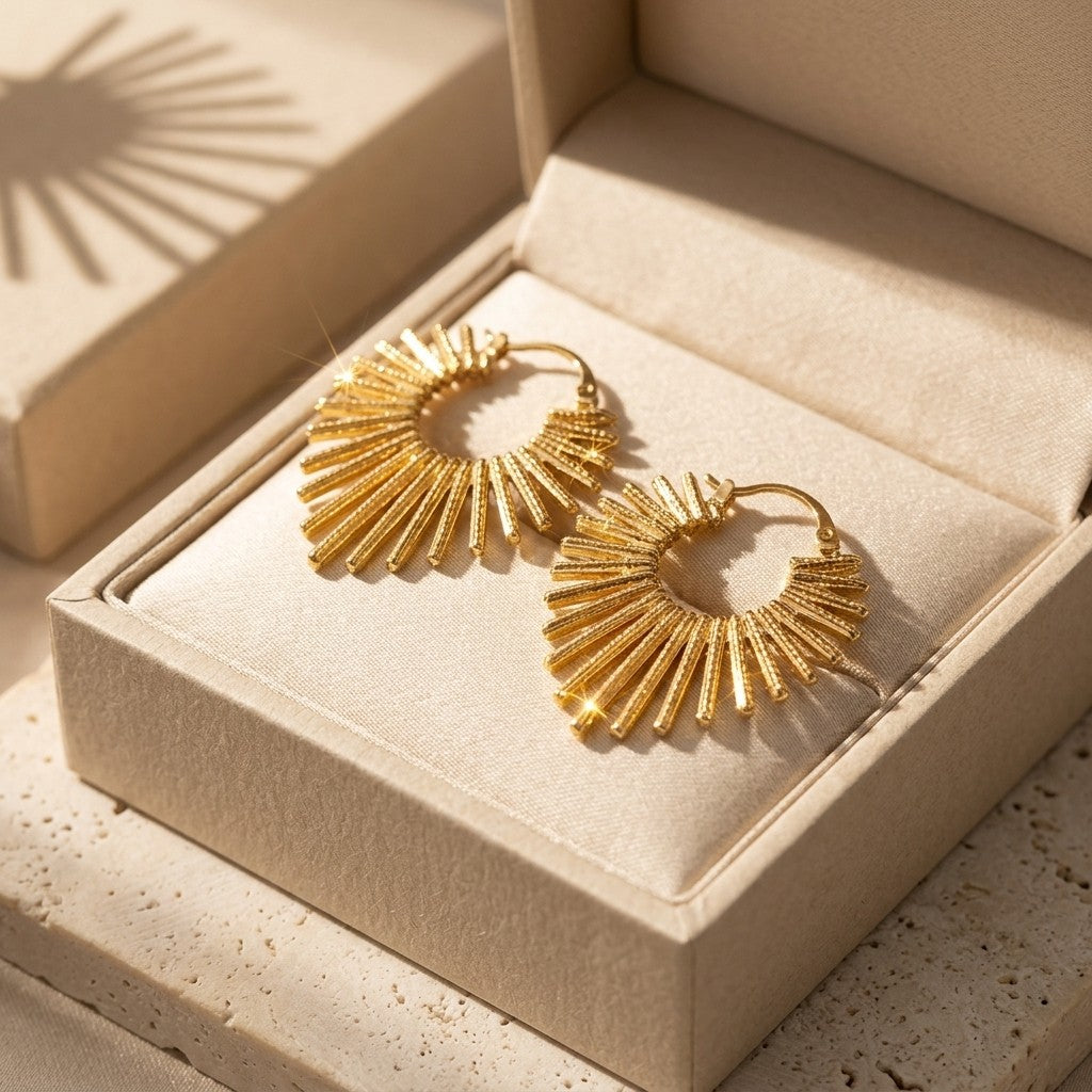 14k Elegant Sunburst Ray Hoop Earrings