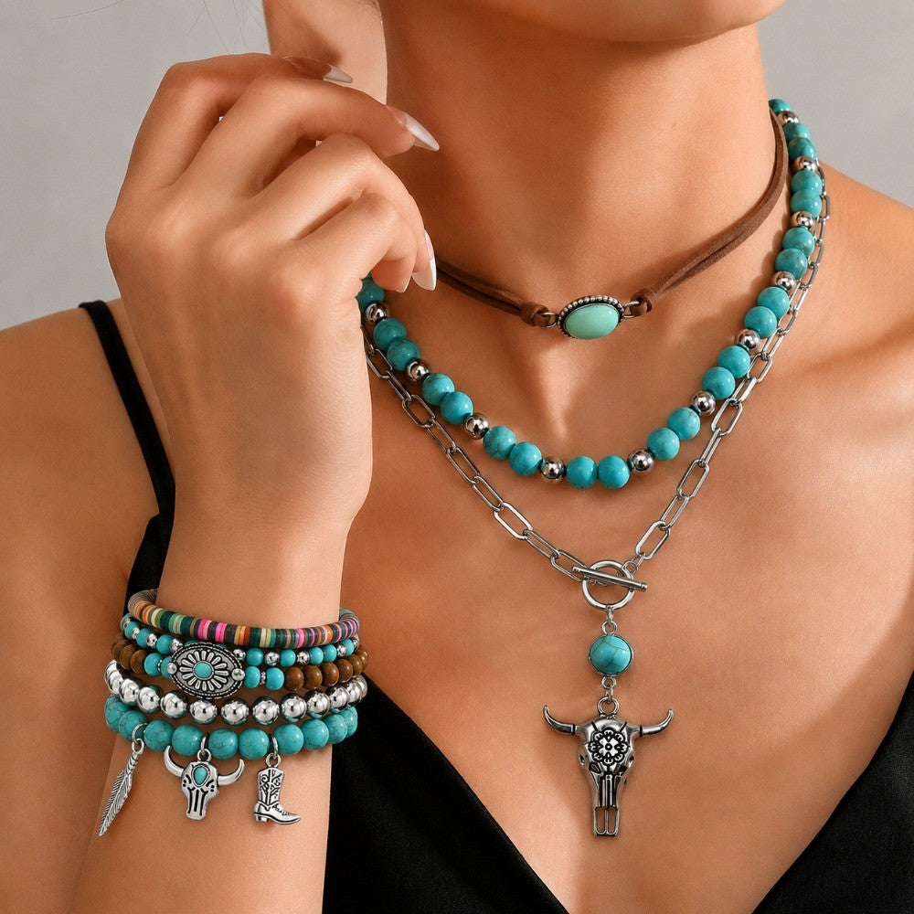 8pc Boho Turquoise Bull Head Necklace & Bracelet Set