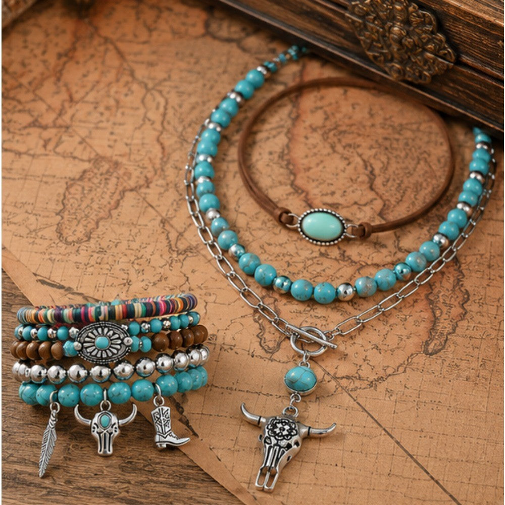 8pc Boho Turquoise Bull Head Necklace & Bracelet Set