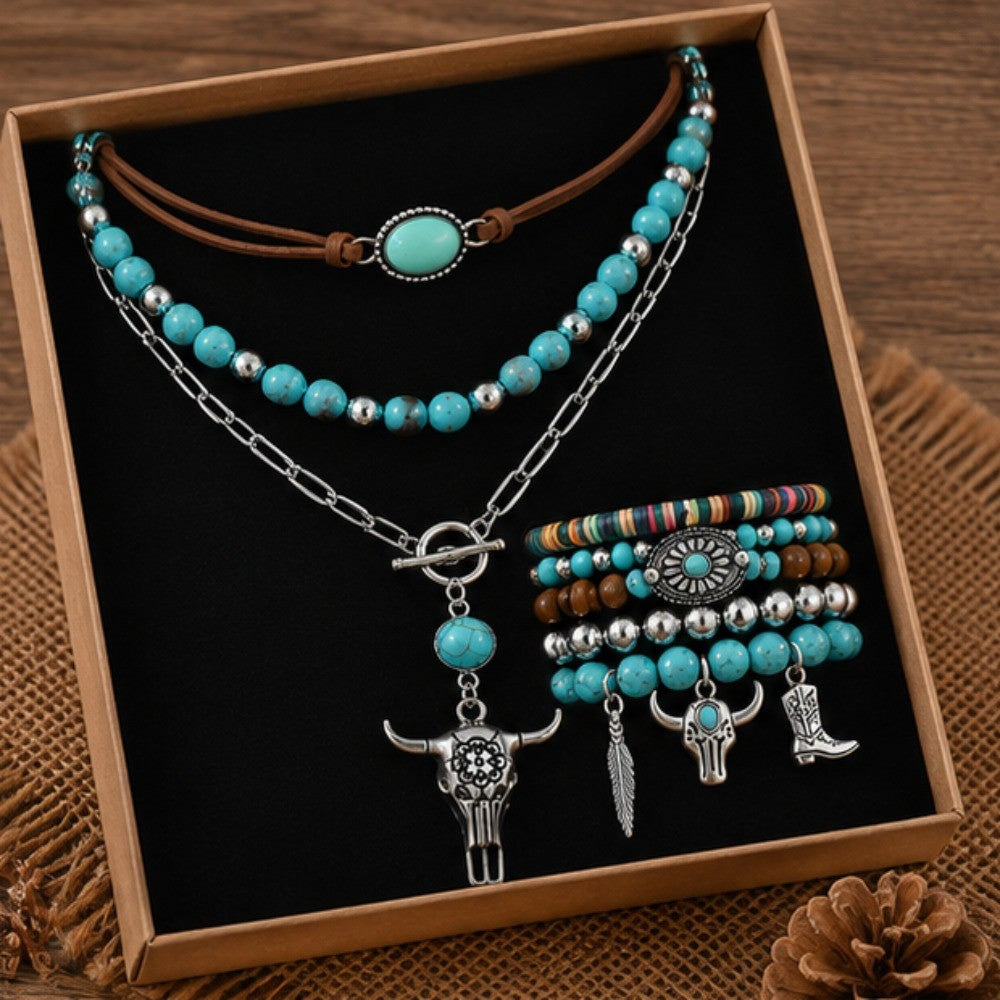 8pc Boho Turquoise Bull Head Necklace & Bracelet Set