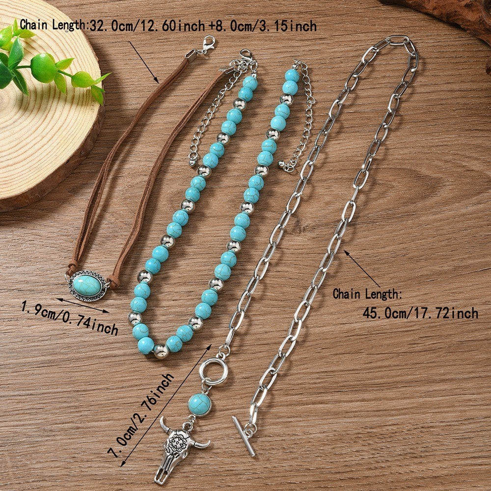 8pc Boho Turquoise Bull Head Necklace & Bracelet Set