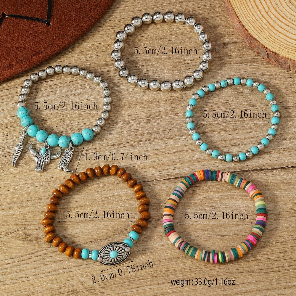 8pc Boho Turquoise Bull Head Necklace & Bracelet Set