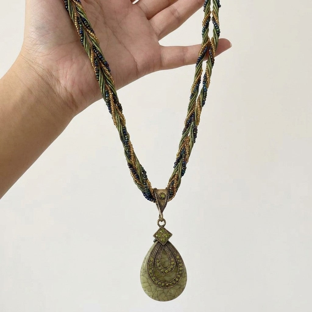 Boho Woven Teardrop Pendant Necklace
