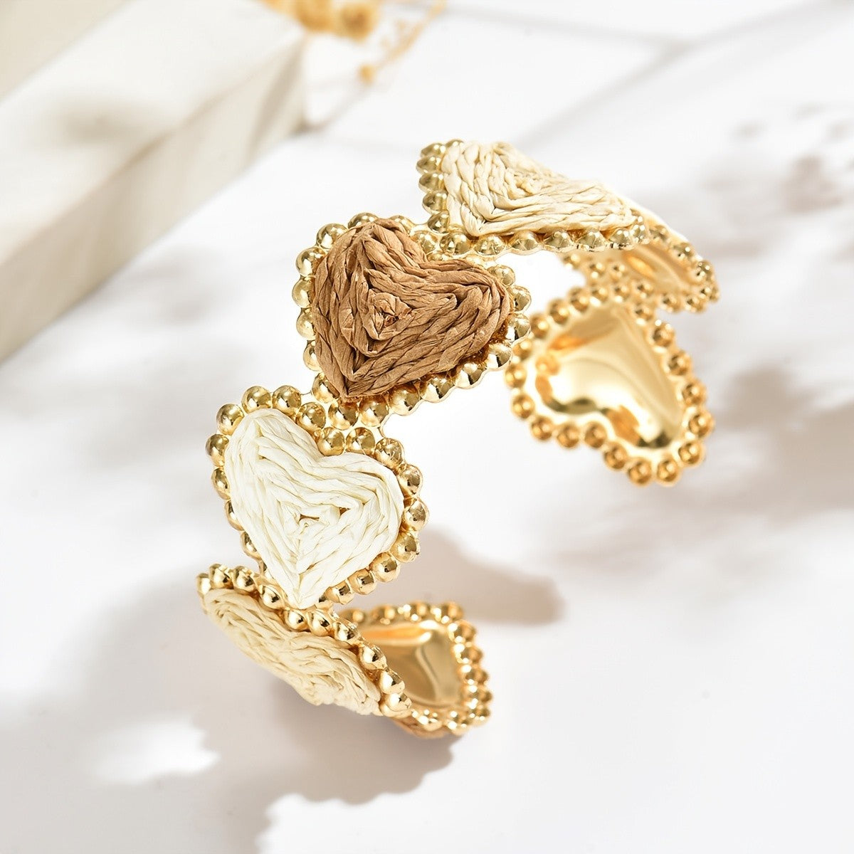 Boho Woven Heart Open Cuff Bracelet