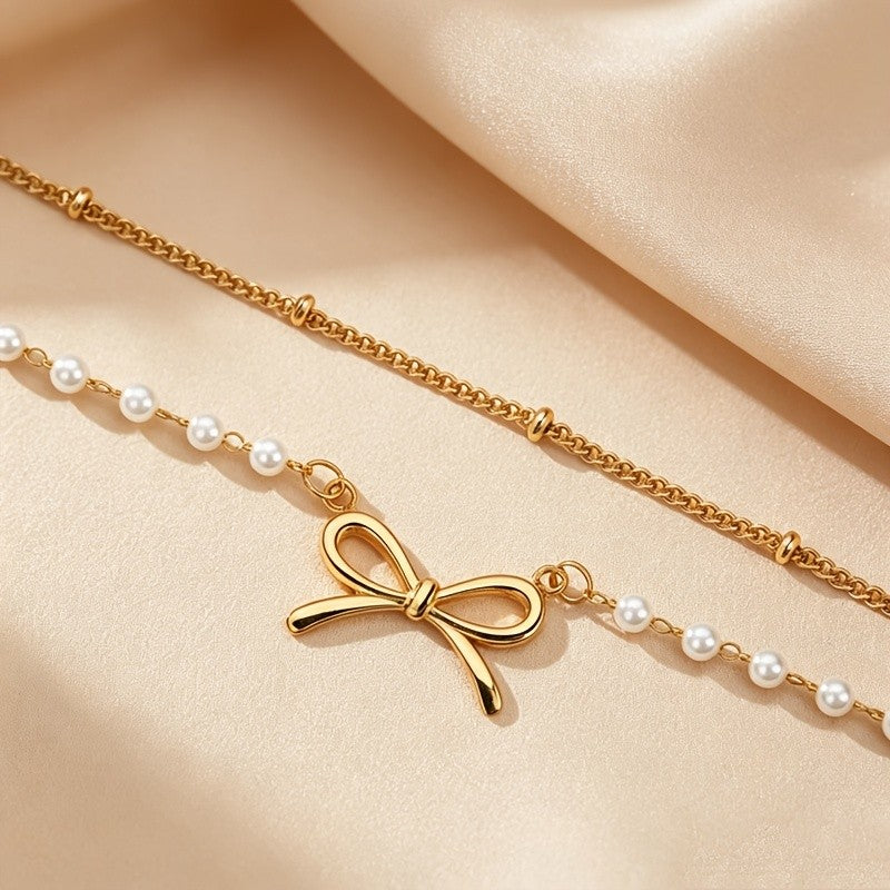Dainty Layered Pearl Bow Anklet