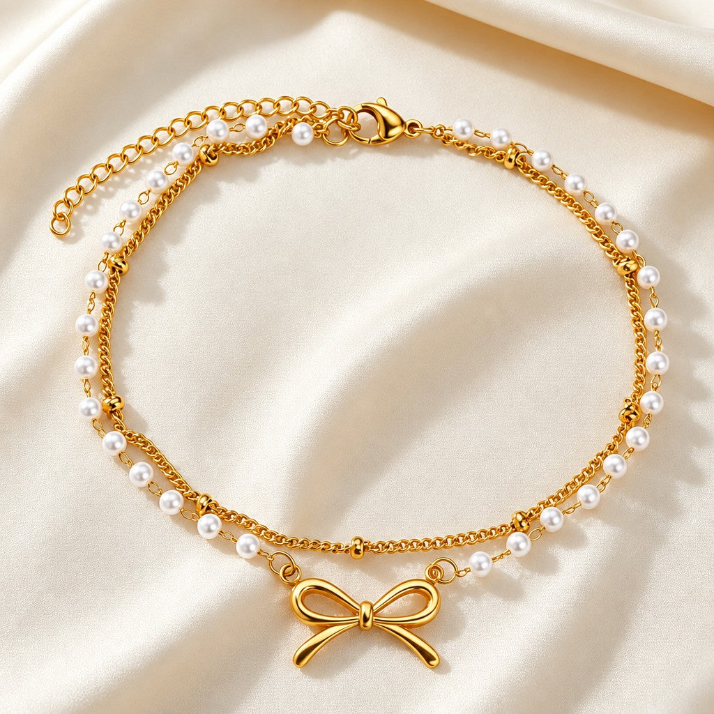 Dainty Layered Pearl Bow Anklet
