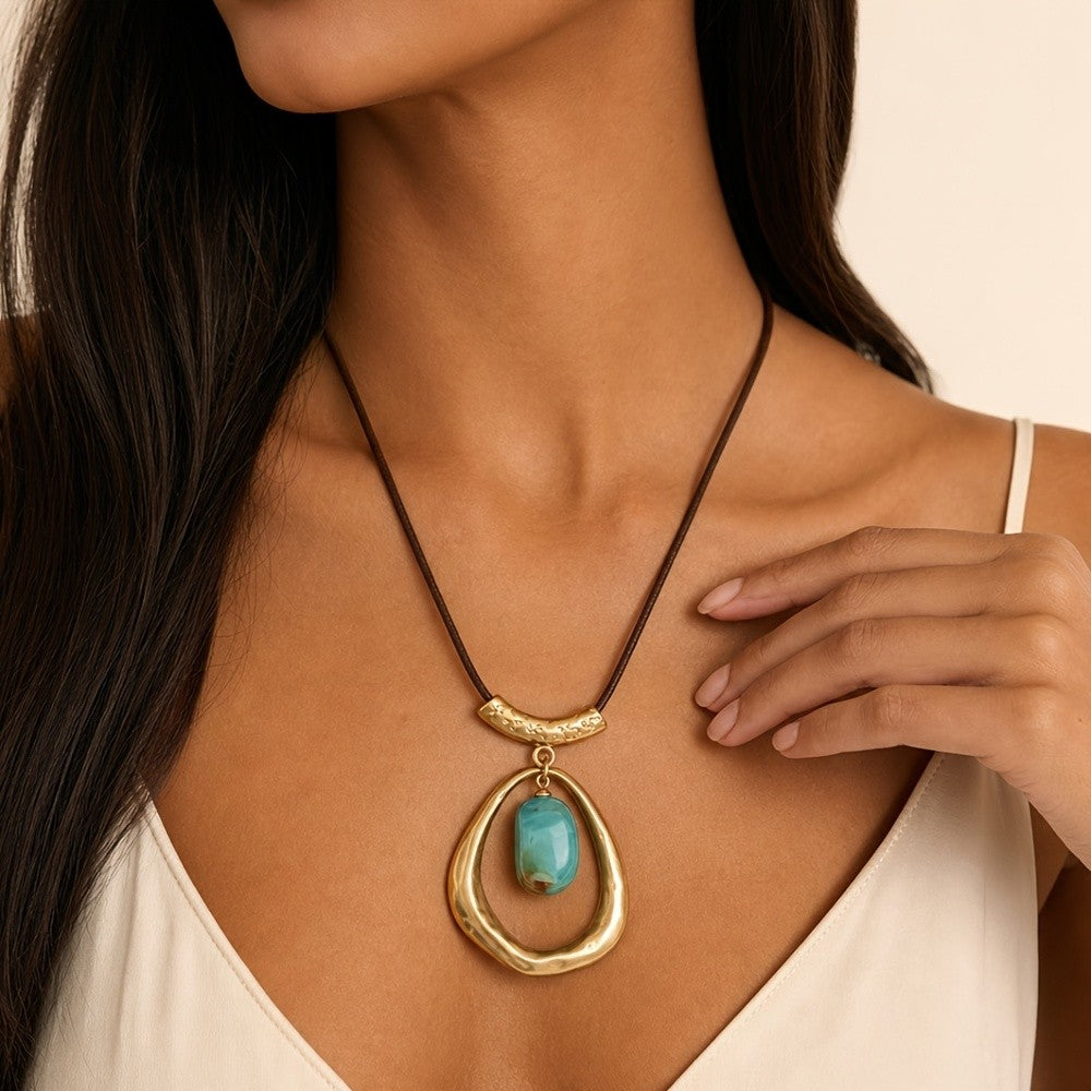 Boho Teal Resin Drop Cord Necklace