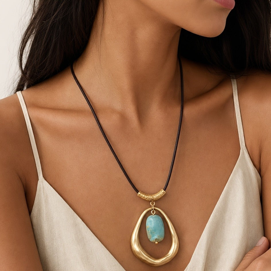 Boho Teal Resin Drop Cord Necklace