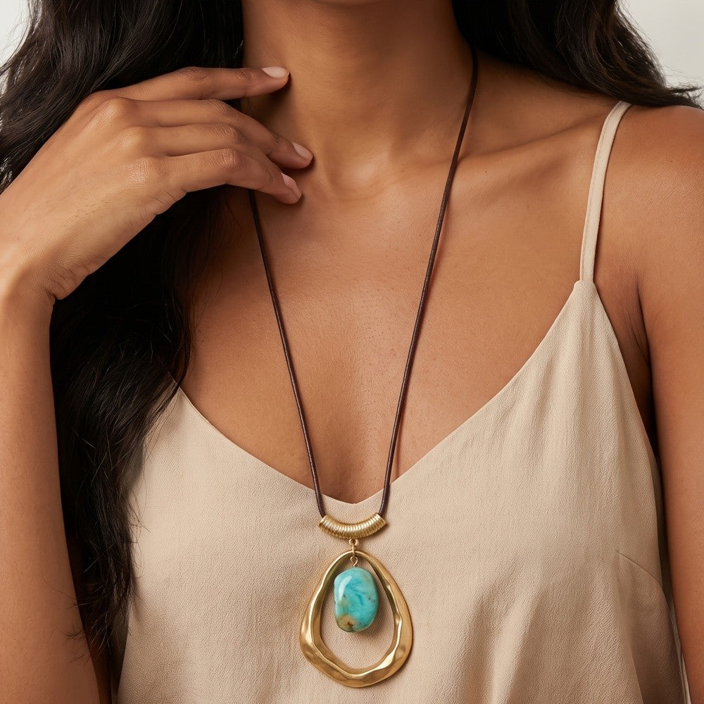 Boho Teal Resin Drop Cord Necklace