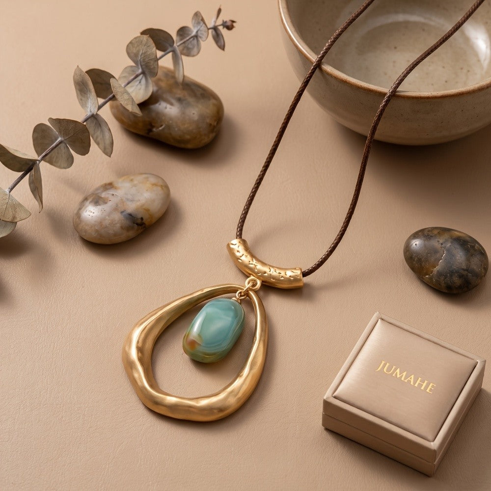 Boho Teal Resin Drop Cord Necklace
