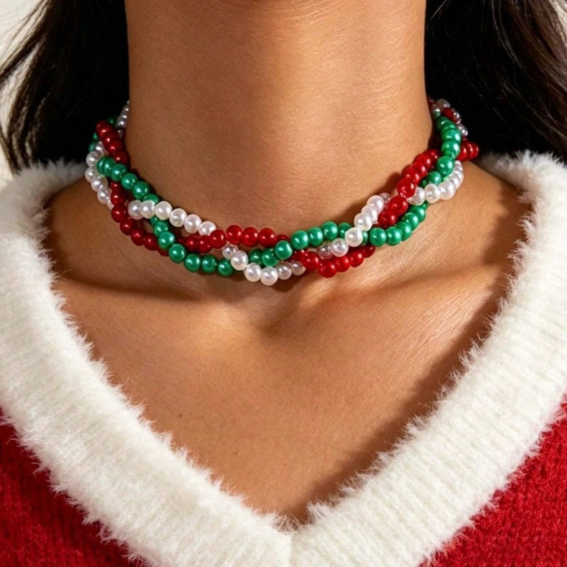 Festive Red Green Faux Pearl Layered Necklace