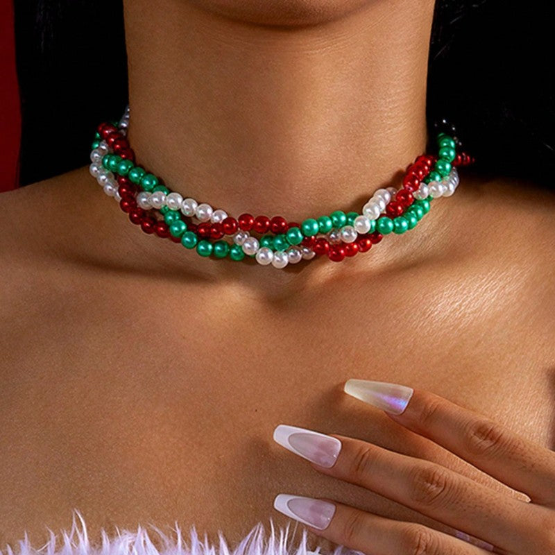 Festive Red Green Faux Pearl Layered Necklace