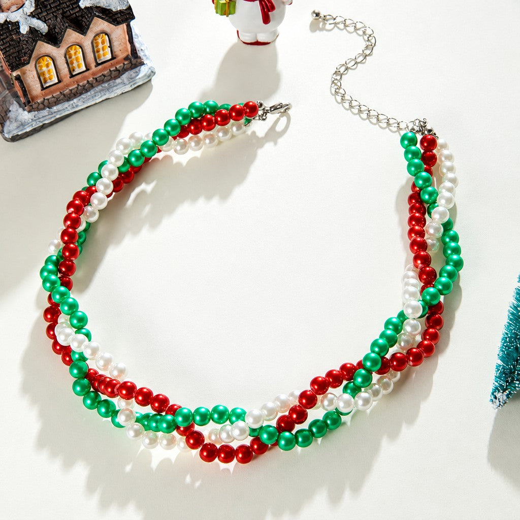 Festive Red Green Faux Pearl Layered Necklace