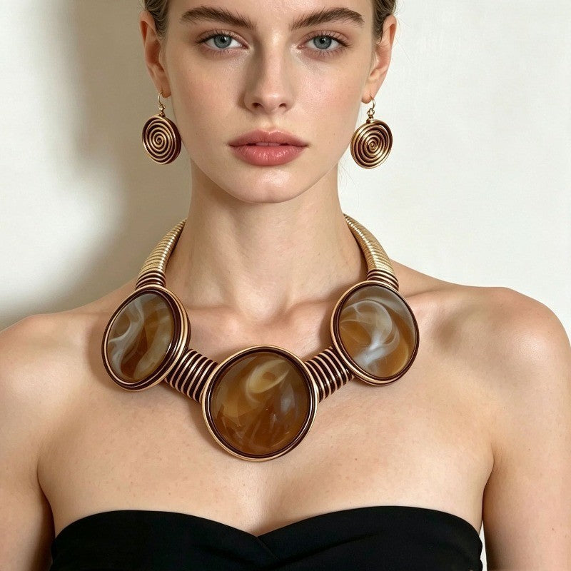 Boho Swirl Agate Collar Necklace & Earring Set