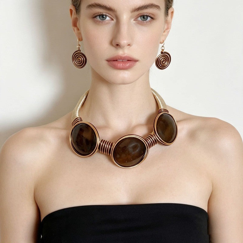 Boho Swirl Agate Collar Necklace & Earring Set