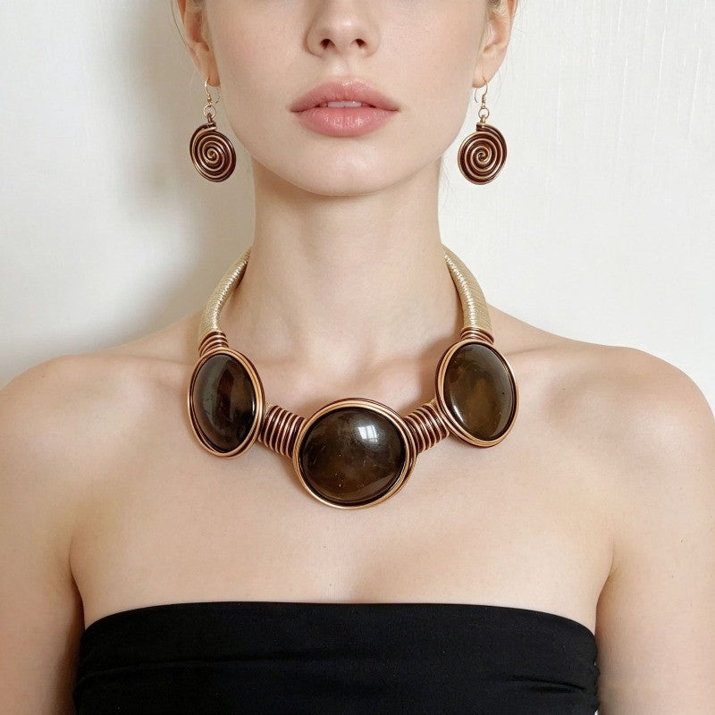 Boho Swirl Agate Collar Necklace & Earring Set