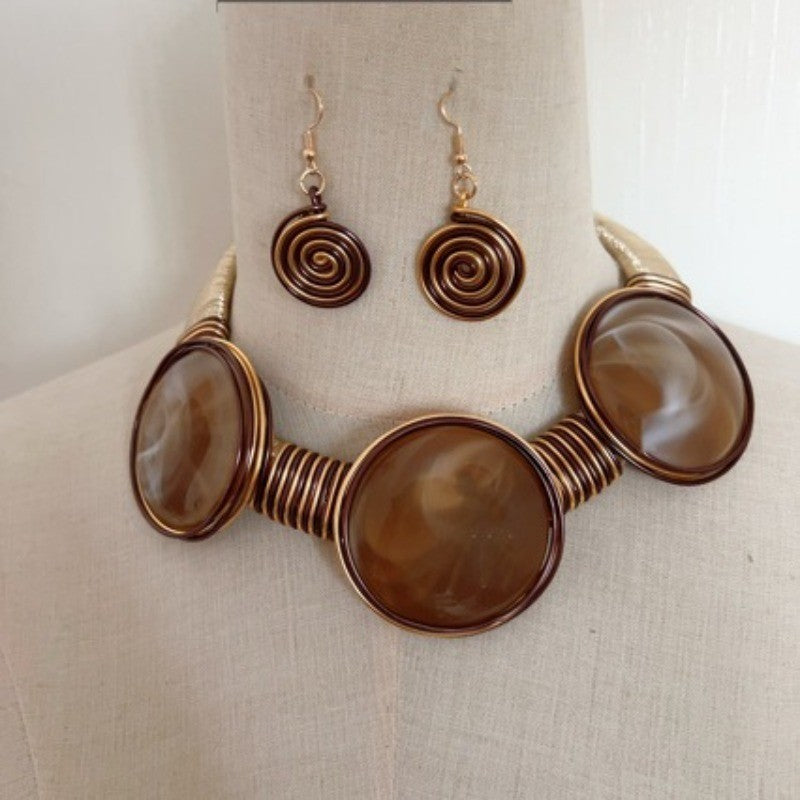 Boho Swirl Agate Collar Necklace & Earring Set