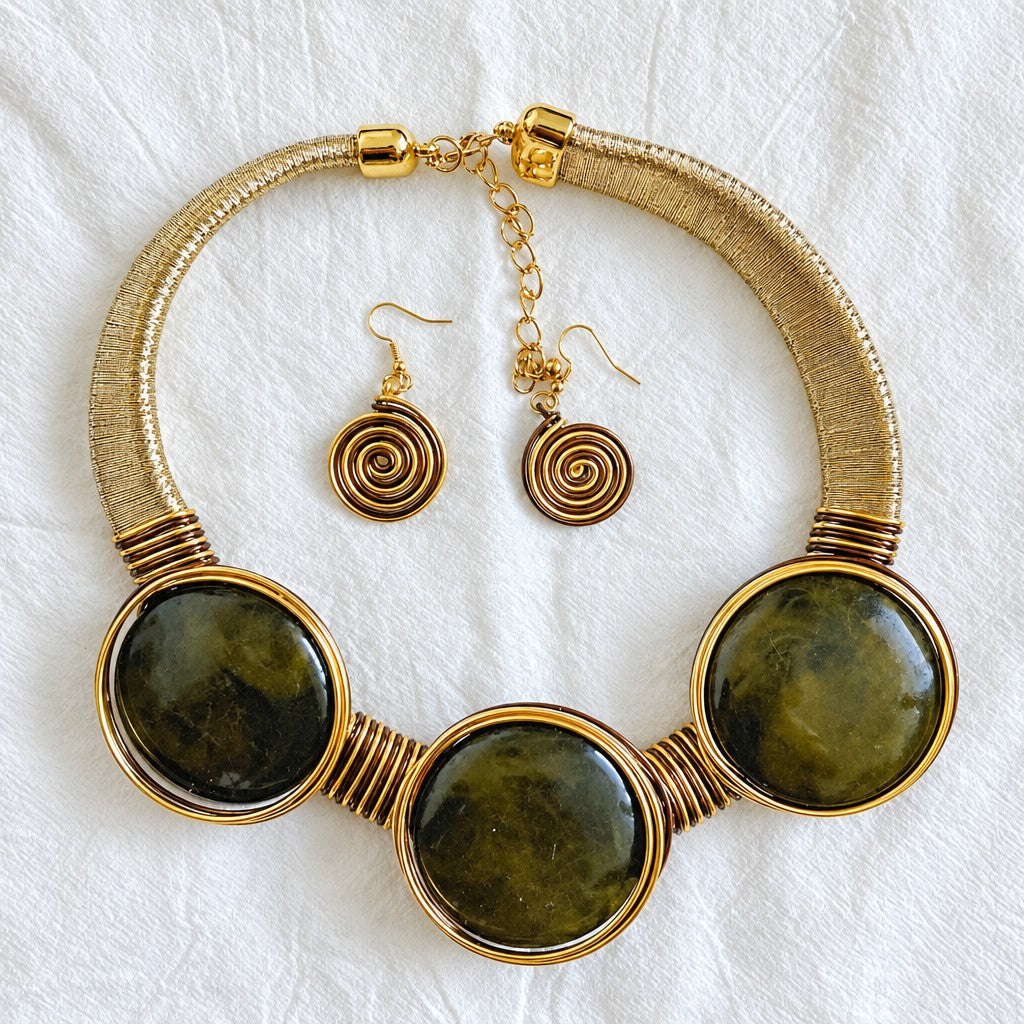 Boho Swirl Agate Collar Necklace & Earring Set